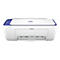 Imprimante HP Deskjet blanche avec couvercle bleu et logo sur fond blanc.