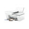 Une imprimante HP DeskJet blanche. Le bac de sortie papier est ouvert et imprime une feuille avec du texte et des images.