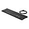 Schwarze, flache HP-Tastatur mit Kabel und separatem Ziffernblock auf weißem Hintergrund.