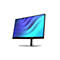 Schwarzer HP Monitor mit schlankem Rahmen, silbernem Standfuß und abstraktem blau-türkisem Wellenmuster auf dem Display.