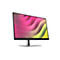 Schwarzer HP Monitor mit einem abstrakten, wellenförmigen Hintergrund in Pink und Gelb auf einem silbernen Standfuß.
