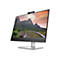 HP-Monitor mit schmalem Rahmen, Standfuß aus Metall, integrierter Webcam und Landschaftsbild auf dem Display.