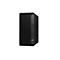 Schwarzer HP Elite Tower-PC vor weißem Hintergrund. Vorderseite mit Lüftungsschlitzen und HP-Logo, Seite mit Anschlüssen.