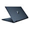 Dunkelblauer Laptop mit HP-Logo, leicht geÃ¶ffnet. Sichtbar: Tastatur, AnschlÃ¼sse, und Scharniere.