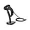Schwarzer Barcode-Scanner auf Ständer, Kabel angeschlossen, weißer Hintergrund.