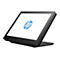 Schwarzes HP Touchscreen-Terminal mit weißem Bildschirm und blauem HP-Logo. Das Terminal ist in einem Winkel aufgestellt.