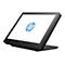 Ein schwarzer HP-Touchscreen-Monitor mit weißem Bildschirm, der das blaue HP-Logo zeigt. Der Monitor steht leicht abgewinkelt.