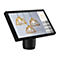 Schwarzer Touchscreen, zeigt Hängelampen. Das Menü listet: Stühle, Couches, Tische, Lampen, Sonderangebote, Treueantrag, Artikelsuche und Auschecken.