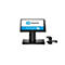 Ein schwarzes HP ElitePOS-Touchscreen-Kassensystem mit Barcodescanner, vor weißem Hintergrund.