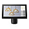 Ein schwarzer Touchscreen-Monitor, der eine Beleuchtungsanzeige mit goldenen Lampen zeigt. Auf dem Bildschirm befinden sich Menüoptionen.