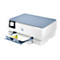 Weiß-blaues HP Envy Inspire Multifunktionsdrucker, Papierausgabe mit Diagramm, Touchscreen.