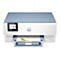 Ein weiß-blauer HP ENVY Inspire Drucker. Auf dem Display ist die Uhrzeit und Funktionen wie Kopieren und Scannen sichtbar.
