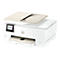 Weißer Drucker mit geöffnetem Deckel, beige Details und Display mit Icons. HP Logo.