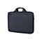 Dunkelblaue Laptop-Tasche mit Griff und Reißverschluss. Auf der Vorderseite befindet sich eine kleinere Tasche und das HP-Logo.