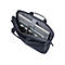 Dunkelgraue Laptoptasche von oben geöffnet, bestückt mit Laptop, Notizbuch und Kabeln.