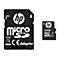 Ein schwarzer HP MicroSD-Kartenadapter und eine MicroSD-Karte mit weißem Logo und Schriftzug.