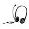 Schwarzes HP Headset mit verstellbarem Mikrofonbügel und Kabelfernbedienung vor weißem Hintergrund.