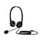 Schwarzes HP Headset mit Kabel, Mikrofonarm und USB-Anschluss vor weißem Hintergrund.