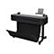 Une imprimante grand format noire avec rouleau de papier, bac et supports. Inscription: HP DesignJet T630.