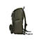 Grüner Rucksack im Profil vor weißem Hintergrund. Sichtbar sind mehrere Taschen, Reißverschlüsse und verstellbare Gurte.