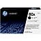Zwarte HP Laserjet 80A tonercartridge verpakking. De verpakking heeft 'Zwart' en een opsomming van verschillende steden.
