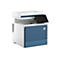 Ein weiß-blauer HP-Multifunktionsdrucker. Auf der Vorderseite ist ein Touchscreen-Display und das HP-Logo sichtbar.