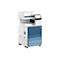Ein weiß-blauer Büro-Multifunktionsdrucker mit Touchscreen und HP-Logo. Fünf Schubladen in Blautönen.