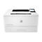 Weißer HP LaserJet Enterprise M406 Drucker, mit Bedienfeld und Papiereinzug. Auf dem Papier ist Text und auf dem Display wird 'Job Storage USB Drive' angezeigt.