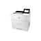 Ein weißer HP Laserjet Enterprise M507 Drucker mit Touchscreen-Bedienfeld. Auf dem Bildschirm Optionen zum Drucken von einem USB-Laufwerk und aus dem Jobspeicher. Der Drucker steht vor weißem Hintergrund.