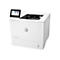 Ein weißer HP Laserjet Enterprise M612 Drucker mit Bedienfeld und Power-Taste. Das Bedienfeld zeigt Optionen wie Drucken und HP JetAdvantage an.