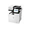 Ein weißer HP LaserJet Drucker. Der Touchscreen zeigt die Optionen Kopieren, Scannen und Drucken an.
