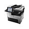 Ein grauer HP-Multifunktionsdrucker mit Touchscreen-Display und geöffnetem Deckel, auf dem ein Dokument liegt.