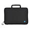 Schwarze Laptoptasche mit Griff. Kleines blaues HP-Logo rechts unten.
