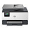 Wit en zwarte HP OfficeJet Pro printer, display met iconen, HP logo. Grijze hoes.