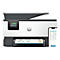 Wit en grijze printer met touchscreen en smartphoneverbinding. De smartphone toont een app-weergave.