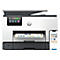 Wit en zwarte HP printer met touchscreen, papieruitvoer en smartphoneverbinding.