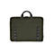 Flache, olivgrüne Laptoptasche mit Tragegriffen und zwei vertikalen Schlaufenbändern vor weißem Hintergrund.