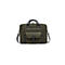 Olivefarbene Laptoptasche mit Tragegriffen, Schultergurt und aufgesetzter Vortasche mit Schnallenverschluss.