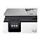 Gros plan sur une imprimante HP blanche avec un écran tactile et le logo HP. L'écran affiche des options telles que menu, copier et numériser.