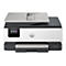 Ein weiß-grauer HP OfficeJet Pro Drucker vor weißem Hintergrund. Auf dem Display sind Menü-, Kopier- und Scan-Optionen zu sehen.