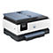 Une imprimante HP OfficeJet Pro. Boîtier blanc, couvercle bleu-gris. Petit écran avec options. Logo HP.
