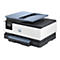 Imprimante, blanc et gris, élément bleu. Écran tactile avec menu, copier, numériser. Logo HP. Inscription HP OfficeJet Pro.