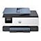 Une imprimante HP OfficeJet Pro, blanche avec des éléments gris. Alimentation papier, écran et logo HP sont visibles.