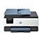 Une imprimante HP OfficeJet Pro blanche et grise. Elle a un couvercle bleu et une barre de commande noire avec écran tactile. Le logo HP est sur le devant.