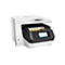 Ein weißer HP OfficeJet Pro 8730 Drucker mit großem Touchscreen und einem Dokument, auf dem "Commercial Leasing Trends" steht.