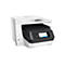 Ein weißer HP OfficeJet Pro 8730 Drucker. Auf dem Touchscreen sind Symbole für Kopieren, Scannen und Drucken zu sehen.