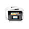Ein weißer HP OfficeJet Pro 8730 Drucker mit einem farbigen Ausdruck, der in der Ausgabeschale liegt. Auf dem Touchscreen werden verschiedene Funktionen angezeigt.