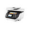Ein weißer HP OfficeJet Pro 8730 Drucker mit hochgeklappter Scannerabdeckung. Auf dem Display ist ein farbiges Dokument zu sehen.