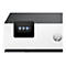 HP Drucker mit Touchscreen. Das Display zeigt Menü-, Anmelde-, Druck- und USB-Symbole. Auf dem Gerät ist das HP-Logo zu sehen.