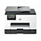 Ein weißer HP OfficeJet Pro Drucker mit grauen Elementen. Er hat ein Touchscreen-Display, USB-Anschluss und Bedienelemente.